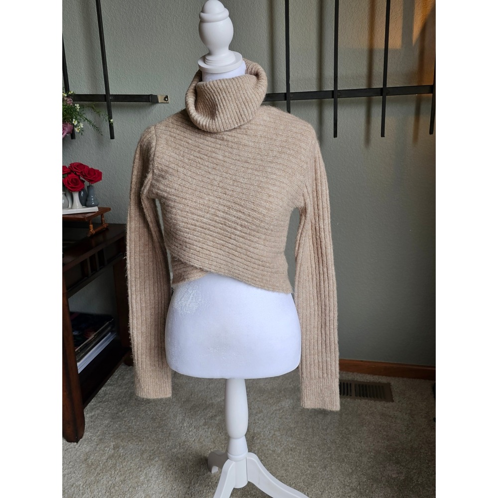Crescent CT7819 Ribbed Wrap Front Cropped Turtleneck Sweater Womens XS Tan Marl